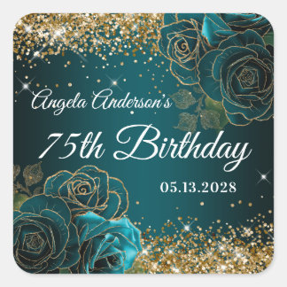 Sticker Carré Fleur Bleu Turquoise Pailleté Or Glam 75e Annivers