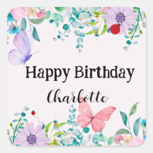 Sticker Carré Fleur colorée de papillon Ladybug mou Anniversaire
