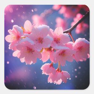 Sticker Carré Fleur de cerisier rose sous la neige – Élégant pri