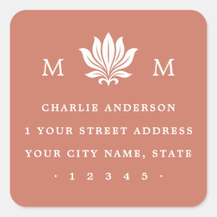 Sticker Carré Fleur de lotus et monogramme adresse de retour en