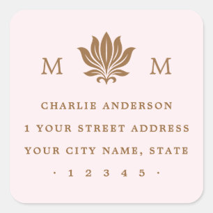 Sticker Carré Fleur de lotus et monogramme adresse de retour ros