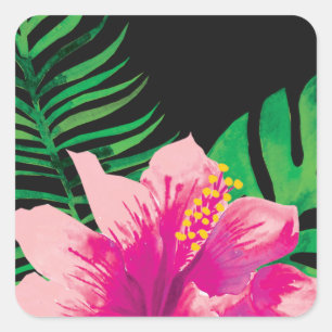 Sticker Carré Fleur d'Hibiscus rose et Feuilles tropicaux