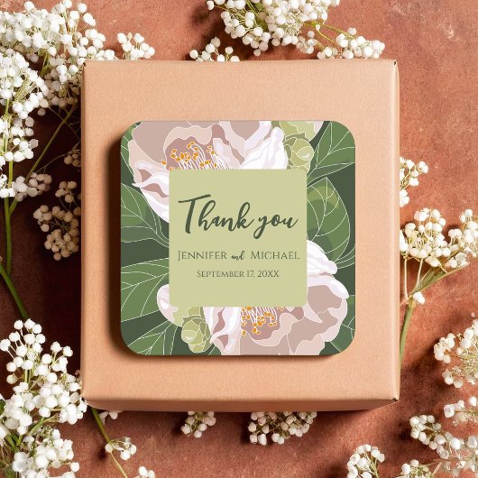 Sticker Carré Fleur et verdure luxuriante Élégante