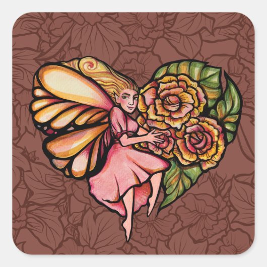 Sticker Carré Fleur Fée Jardin Fleurs Coeurs Fleurs Fées (Devant)