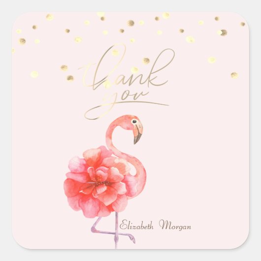 Sticker Carré Fleur Flamant rose rose, Merci Confetti Or (Devant)