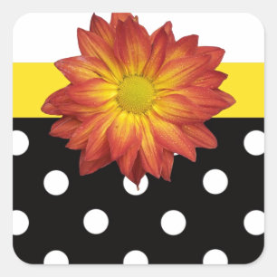 Sticker Carré Fleur jaune noir blanc polka pot girly