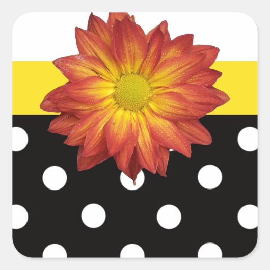 Sticker Carré Fleur jaune noir blanc polka pot girly (Devant)