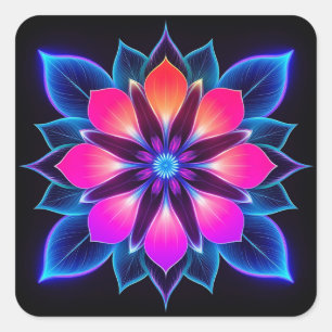 Sticker Carré Fleur néon avec motifs de lumière bleue