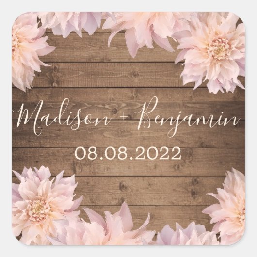 Sticker Carré Fleur rose Dahlia Mariage en bois rustique Date (Devant)