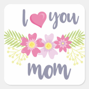 Sticker Carré Fleur rose Je t'aime Fête de maman-Mère