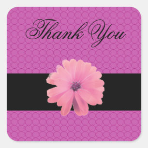 Sticker Carré Fleur rose ruban noir Merci