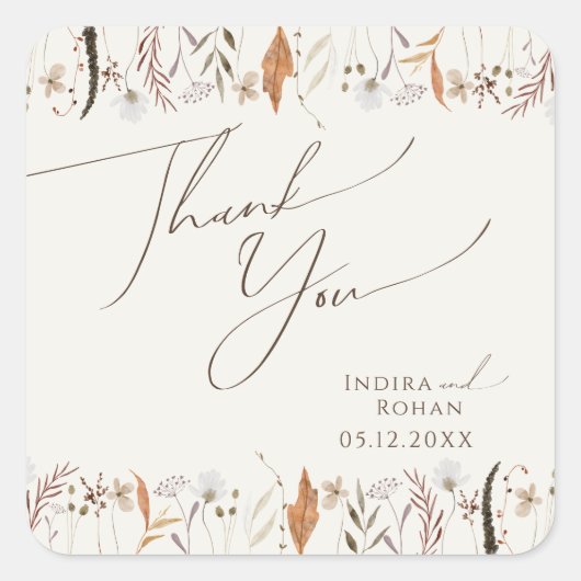 Sticker Carré Fleur sauvage d'automne Boho | Merci Mariage beige (Devant)