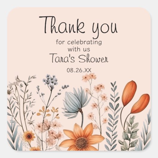 Sticker Carré Fleur sauvage rustique Boho en oranges et gris (Devant)
