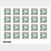 Sticker Carré Fleur tropicale Monogramme rose blanc vert Preppy (Feuille)