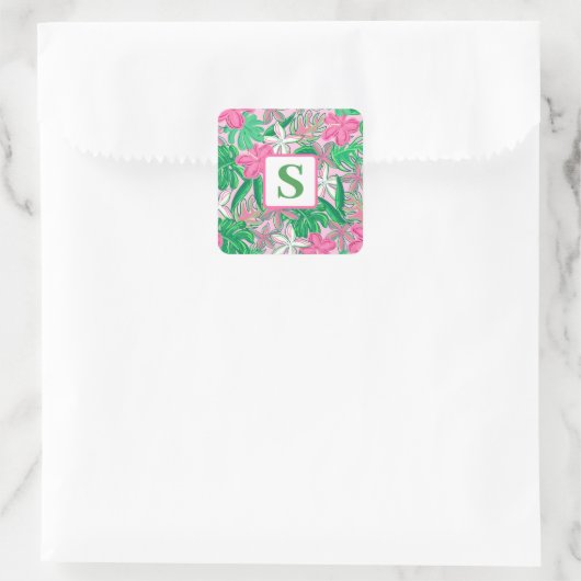 Sticker Carré Fleur tropicale Monogramme rose blanc vert Preppy (Sac)