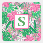 Sticker Carré Fleur tropicale Monogramme rose blanc vert Preppy (Devant)