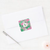 Sticker Carré Fleur tropicale Monogramme rose blanc vert Preppy (Enveloppe)