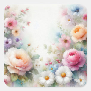 Sticker Carré Fleurs à l'aquarelle Ajoutez votre texte Modèle vi