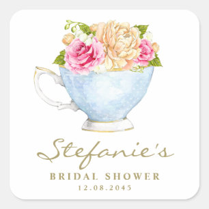 Sticker Carré Fleurs à l'aquarelle dans une tasse de thé pour un