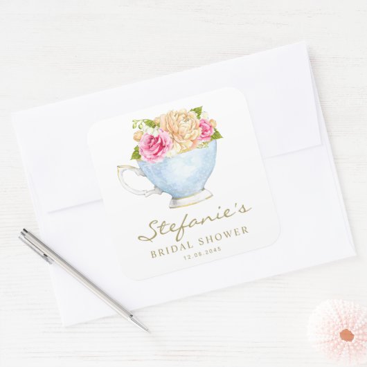 Sticker Carré Fleurs à l'aquarelle dans une tasse de thé pour un (Enveloppe)