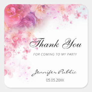 Sticker Carré Fleurs Aquarelle Merci Modèle de Texte Manuscrit