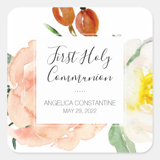 Sticker Carré Fleurs Aquarelle Première Communion Solennelle Fil (Devant)