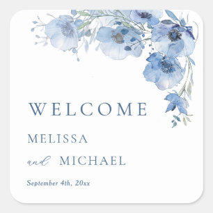 Sticker Carré Fleurs aquarelles bleues Mariage Bienvenue