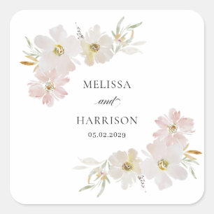 Sticker Carré Fleurs aquarelles crème et rose 