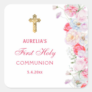 Sticker Carré Fleurs aquarelles Première communion