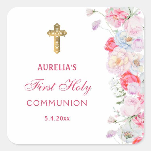 Sticker Carré Fleurs aquarelles Première communion (Devant)