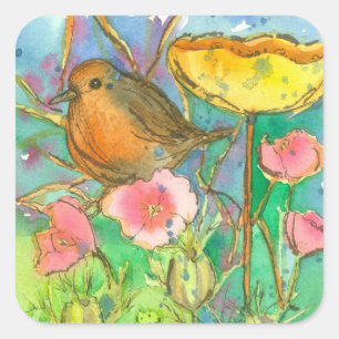 Sticker Carré Fleurs aquarelles Robin Bird