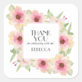 Sticker Carré Fleurs aquarelles rose tendre Merci (Devant)