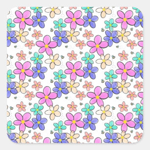 Sticker Carré fleurs arc-en-ciel colorées lumineuses abeilles bo