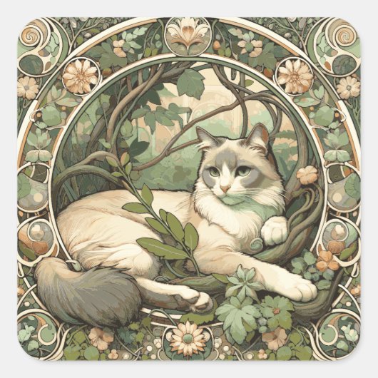 Sticker Carré Fleurs Beige et Sage Art Nouveau Chat (Devant)