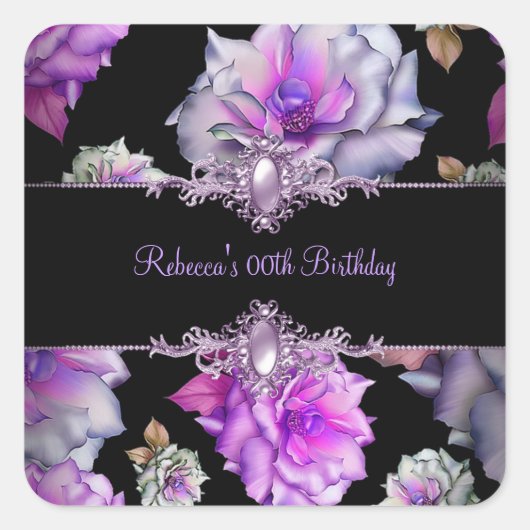 Sticker Carré Fleurs Black violet Floral fête d'anniversaire (Devant)
