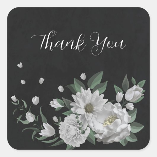 Sticker Carré fleurs blanches romantiques & feuilles verts noir (Devant)