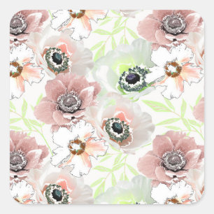 Sticker Carré Fleurs blanches, roses.