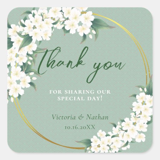 Sticker Carré Fleurs blanches Sage Green Cloud Motif Gold Circle (Devant)