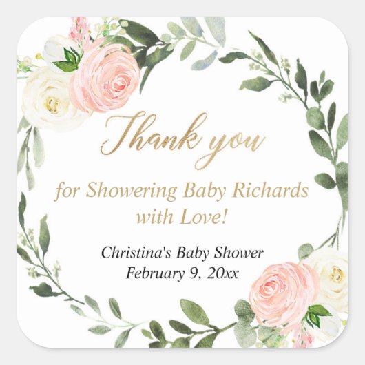 Sticker Carré Fleurs blanches verdure rose aquarelle élégante (Devant)