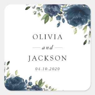 Sticker Carré Fleurs bleues de la Marine, Verdure, Boho, Mariage