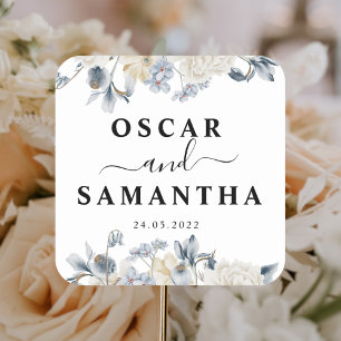 Sticker Carré Fleurs Bleues Et Blancs D'Hiver Élégantes