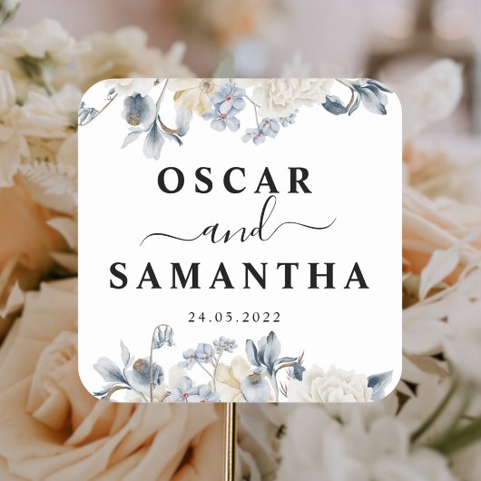 Sticker Carré Fleurs Bleues Et Blancs D'Hiver Élégantes