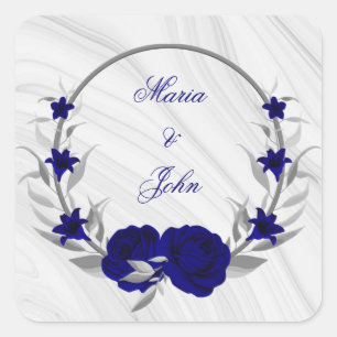Sticker Carré fleurs bleues royales argent feuilles couronne mar