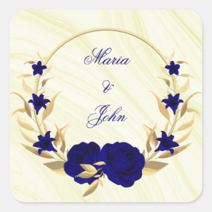 Sticker Carré fleurs bleues royales or feuilles couronnes marbre