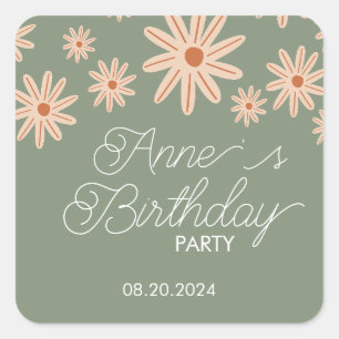 Sticker Carré Fleurs Boho simples Tous les âges Anniversaire