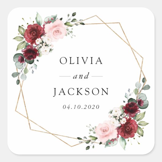 Sticker Carré Fleurs Bourgogne, Fleurs roses, Verdure, Mariage (Devant)