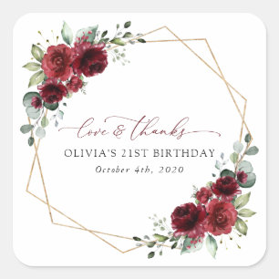 Sticker Carré Fleurs Bourgognes, Fleurs Rouges, Boho, Anniversai