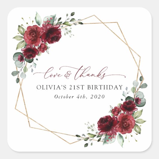 Sticker Carré Fleurs Bourgognes, Fleurs Rouges, Boho, Anniversai (Devant)