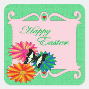 Sticker Carré Fleurs colorées de Pâques et papillon