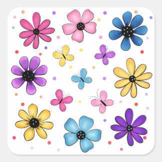 Sticker Carré Fleurs colorées et papillons